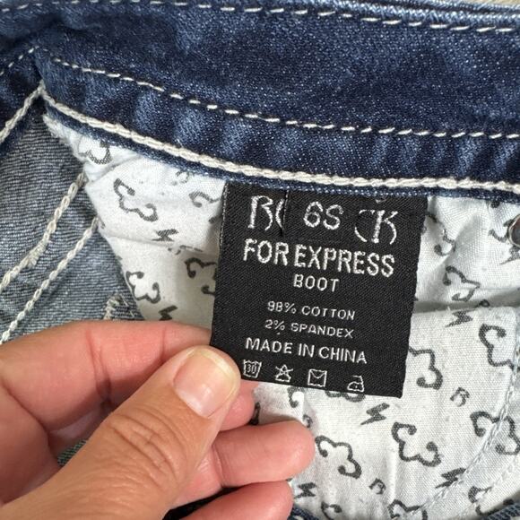 ReRock Express Distressed Bootcut Denim Jeans Dark Wash sz 6 Short - Picture 5 of 8